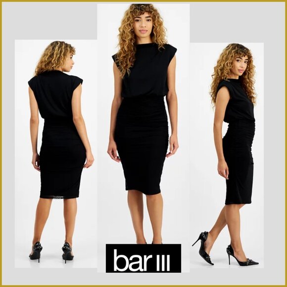 Bar III Black Mesh Ruched Midi Dress | Size M - Picture 1 of 5